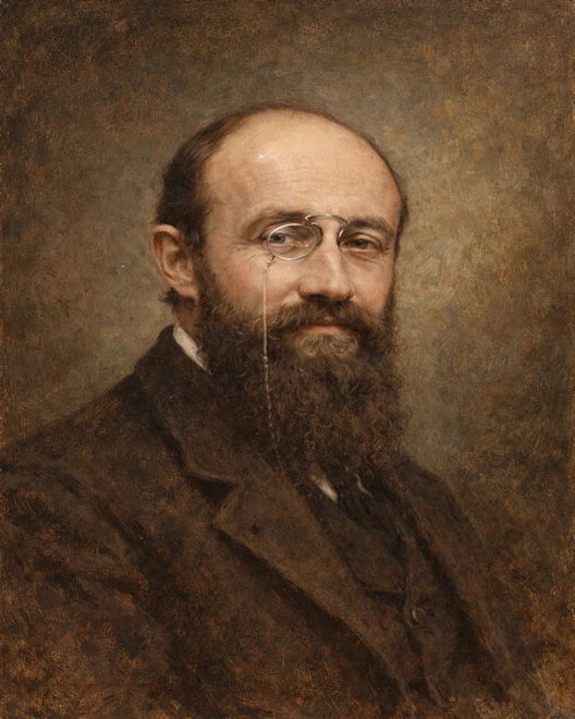 Painted portrait of Théodore Simon, French psychiatrist, with bald head, full beard, and pince-nez glasses, in earthy brown tones.