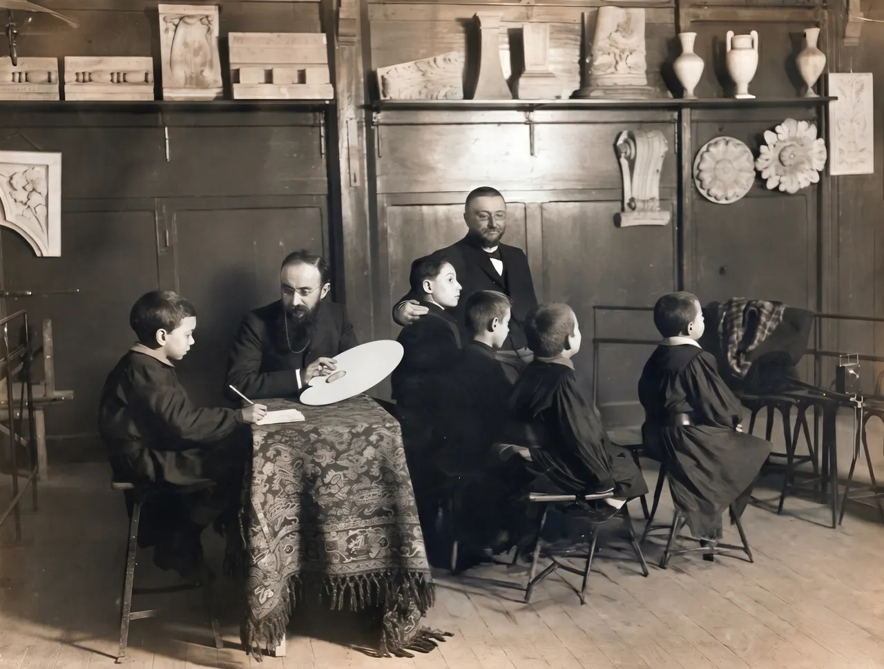 Alfred Binet and Théodore Simon conducting psychological tests with children, c. 1900